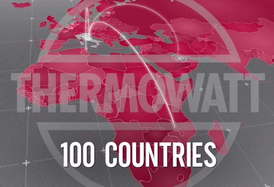 Mappa globale con linee di connessione e scritta “100 Countries” e “THERMOWATT” in trasparenza