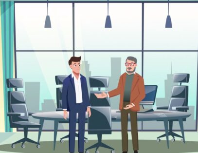 due uomini in abiti formali discutono in una sala riunioni moderna con vista sulla città