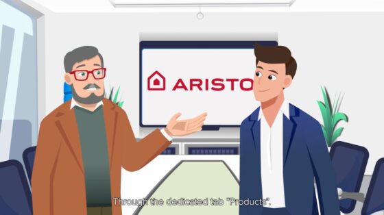 Due personaggi animati in una sala riunioni con il logo Ariston su uno schermo.