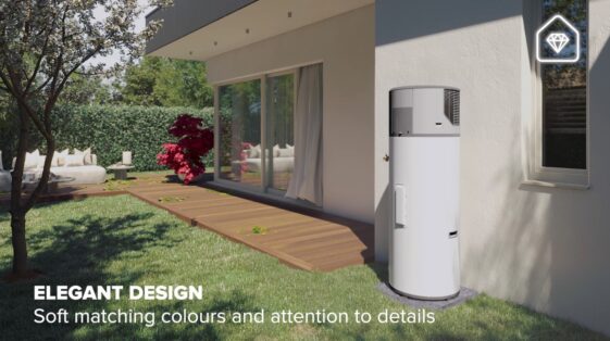 Giardino moderno con unità esterna di design installata accanto a una casa, accompagnata dal testo “Elegant Design – Soft matching colours and attention to details”