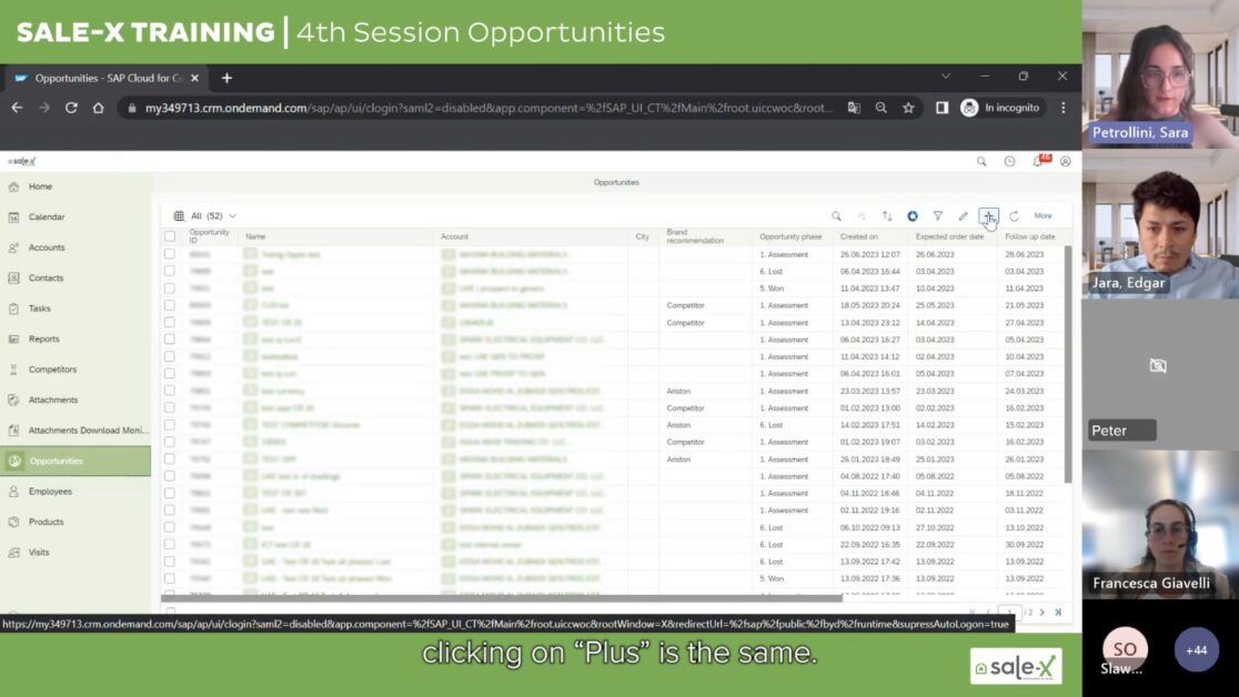 Schermata di una sessione formativa online su CRM durante la 4ª sessione di Sale-X Training