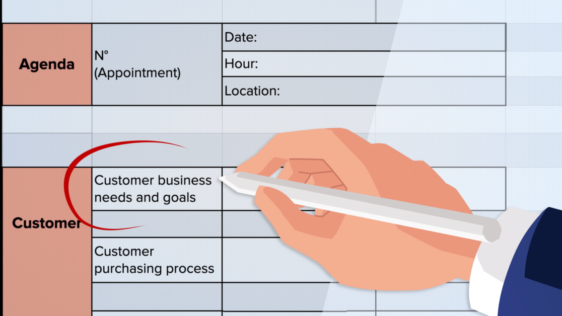 Mano che scrive su un modulo aziendale con sezioni dedicate all’agenda e al cliente, evidenziando bisogni e obiettivi del cliente